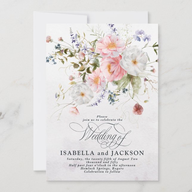 Romantic Watercolor Pink and White Floral Wedding Invitation (Front)