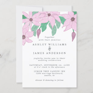 Romantic Watercolor Pink Clematis Floral Design Invitation