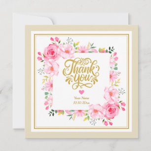 Romantic Watercolor Pink Floral Frame and Heart Card