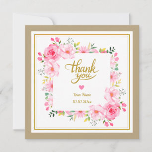 Romantic Watercolor Pink Floral Frame and Heart  Card