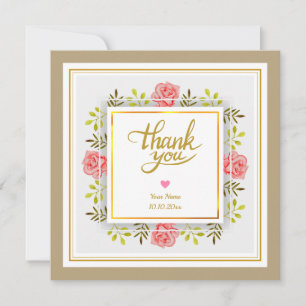 Romantic Watercolor Pink Floral Frame and Heart  Card