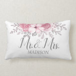 Romantic Watercolor Pink Florals Mr & Mrs Wedding  Lumbar Cushion<br><div class="desc">For wedding</div>