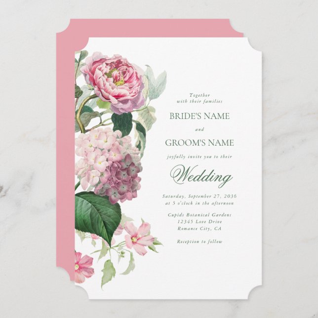 Romantic Watercolor Pink Flowers Garden Wedding Invitation (Front/Back)