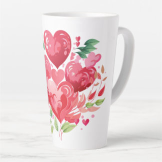 Romantic Watercolor Pink Hearts and Green Leaves Latte Mug