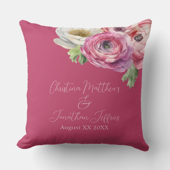 Romantic Watercolor Pink Ranunculus on Blush Cushion (Front)