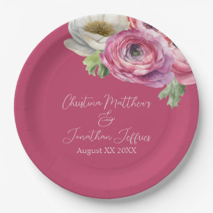 Romantic Watercolor Pink Ranunculus on Blush Paper Plate