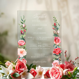 Romantic Watercolor Pink Roses & Calligraphy Acrylic Invitations