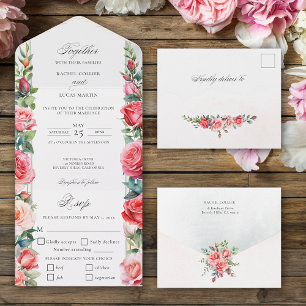 Romantic Watercolor Pink Roses & Calligraphy All In One Invitation