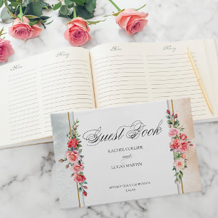 Romantic Watercolor Pink Roses & Calligraphy Guest Book