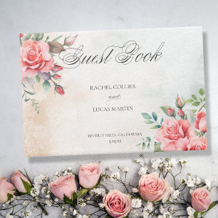 Romantic Watercolor Pink Roses & Calligraphy Guest Book