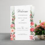 Romantic Watercolor Pink Roses & Calligraphy  Program<br><div class="desc">Lovely columns of elegant watercolor blush pink roses and green foliage on a subtle pastel watercolor background and centre label with gold borders. Features calligraphy text graphics in custom script font (or delete and customise in the design editor) with editable text fields for your ceremony details and wedding participants. Inside...</div>