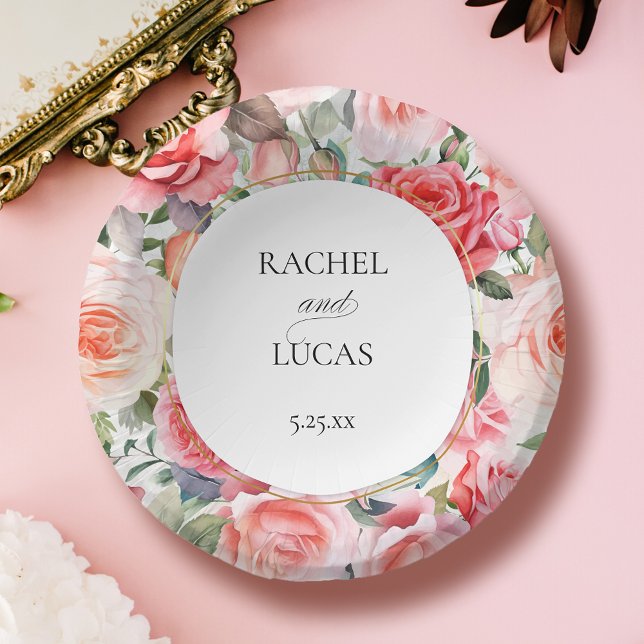 Romantic Watercolor Pink Roses Paper Plate (Creator Uploaded)