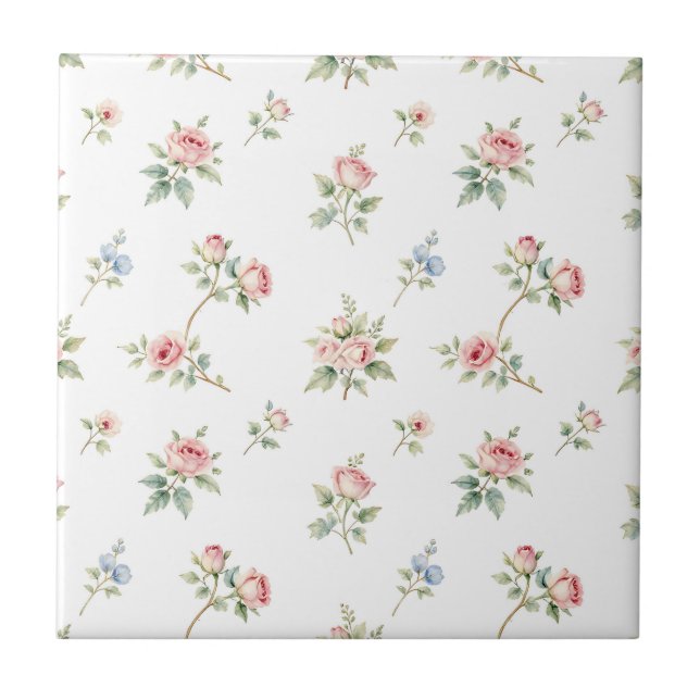Romantic Watercolor Pink Roses Pattern Ceramic Tile (Front)