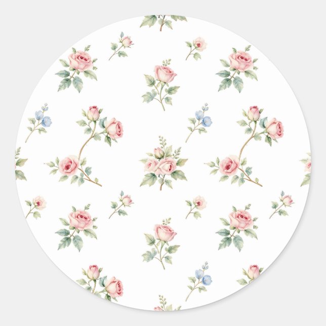 Romantic Watercolor Pink Roses Pattern Classic Round Sticker (Front)