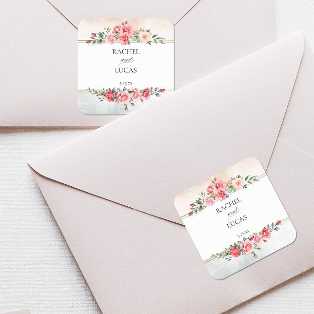 Romantic Watercolor Pink Roses Square Sticker (Creator Uploaded)