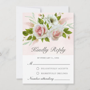 Romantic Watercolor Pink White  Roses RSVP Card