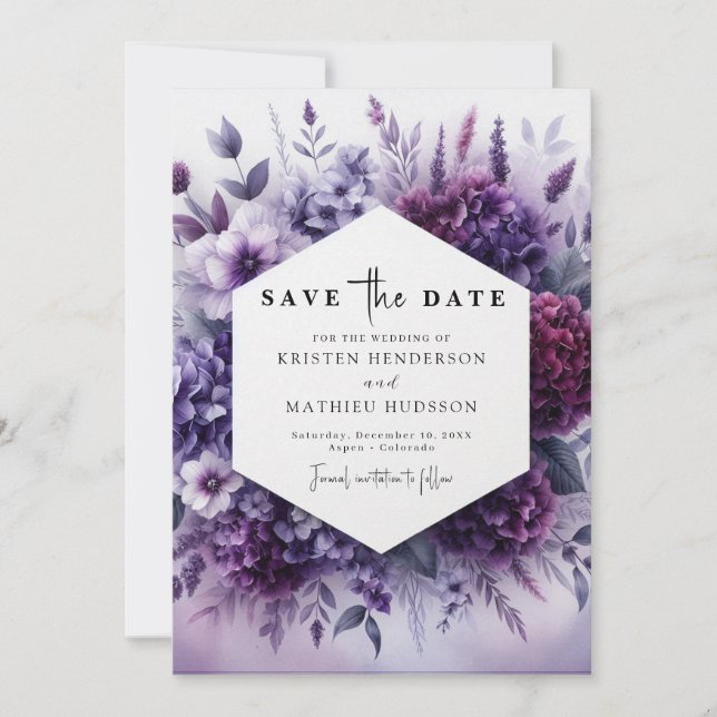 Romantic Watercolor Purple Floral Wedding  Save The Date (Front)