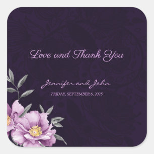 Romantic Watercolor Purple Peony Wedding Square Sticker