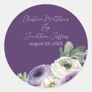 Romantic Watercolor Ranunculus on Dark Purple Classic Round Sticker