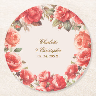 Romantic Watercolor Red Roses Floral Wedding Round Paper Coaster