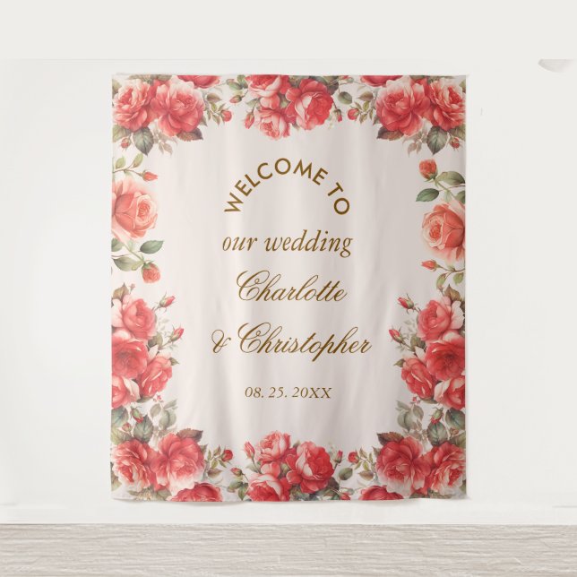 Romantic Watercolor Red Roses Wedding Welcome  Tapestry (Front)