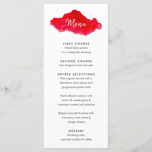 Romantic Watercolor Red Wedding Menu card (Front)