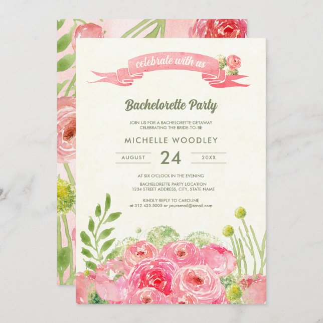 Romantic Watercolor Roses Bachelorette Invitation (Front/Back)