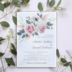 Romantic Watercolor Roses Light Blue Wedding  Invitation
