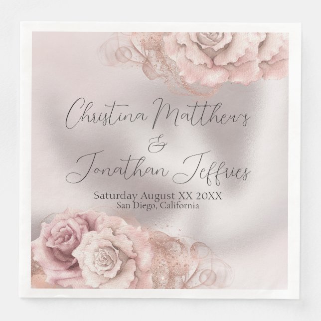 Romantic Watercolor Roses on Glam Pearl Napkin (Front)