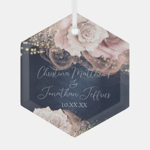 Romantic Watercolor Roses on Navy Blue Wedding Glass Tree Decoration