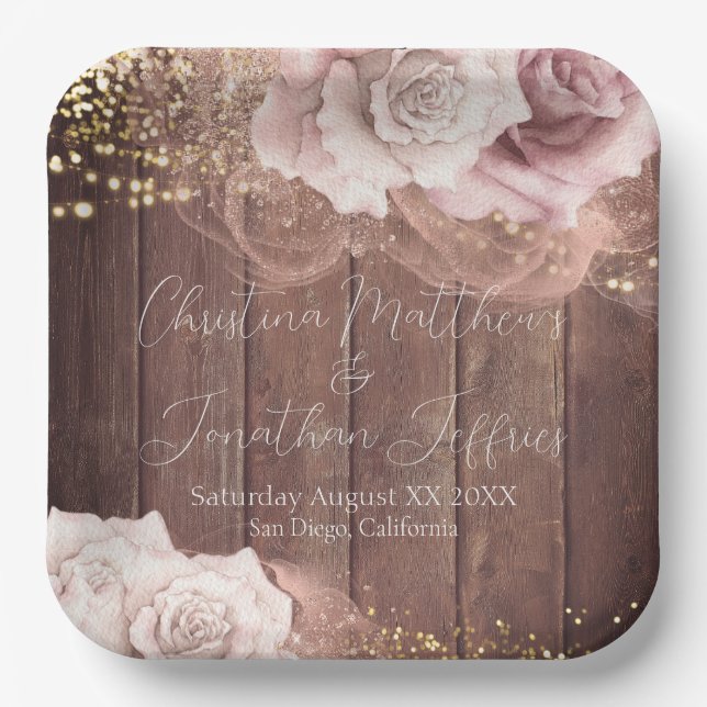 Romantic Watercolor Roses on Rustic Wood Wedding Paper Plate (Front)