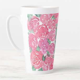 Romantic Watercolor Roses Pink Red Floral Pattern Latte Mug