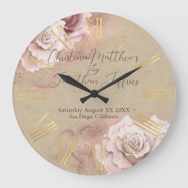Romantic Watercolor Roses Rustic Glam Wedding Large Clock (Front)