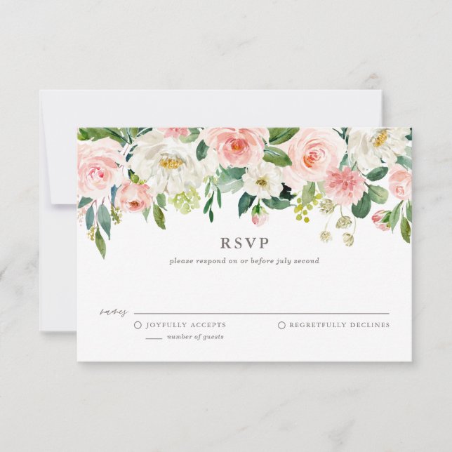 Romantic Watercolor Spring Blooms Wedding RSVP Card (Front)