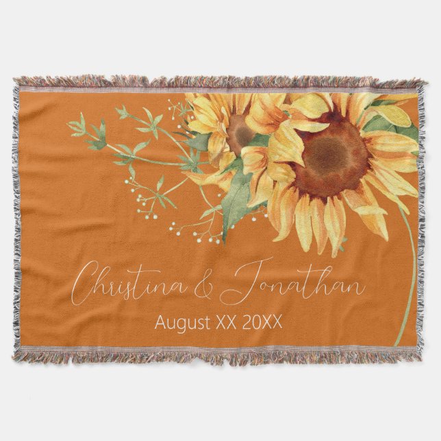Romantic Watercolor Sunflowers on Burnt Orange Throw Blanket (Front)