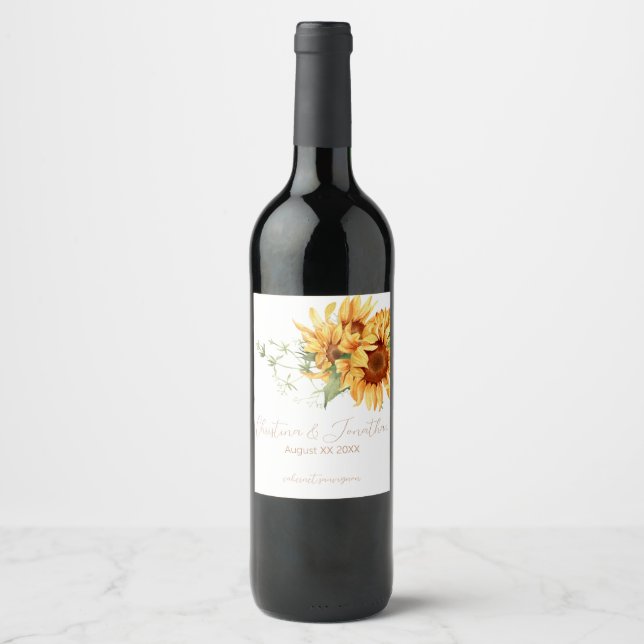 Romantic Watercolor Sunflowers Wine Label (Front)