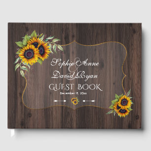 Romantic Watercolor Sunflowers Wood Wedding Guest Book