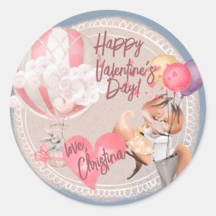 Romantic Watercolor Valentine Love Foxes on Blue Classic Round Sticker