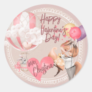Romantic Watercolor Valentine Love Foxes on Pink Classic Round Sticker