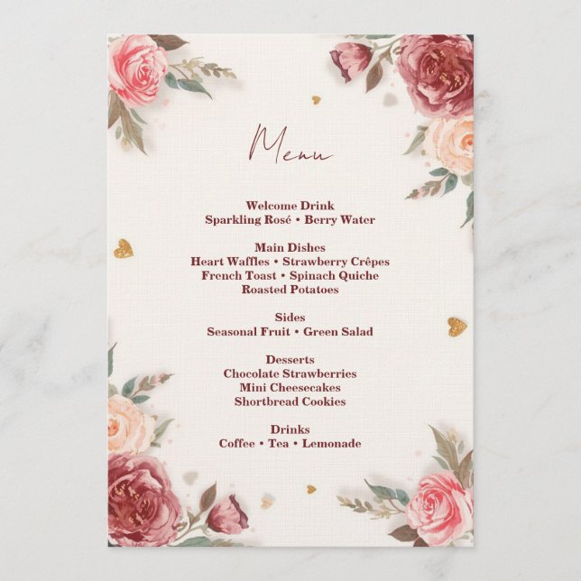 Romantic Watercolor Valentine’s Brunch Menu Invitation (Front)