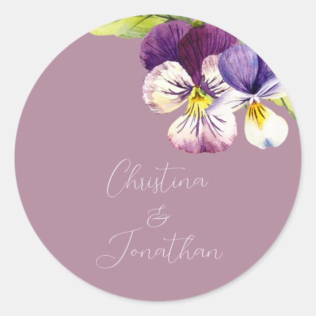 Romantic Watercolor Violets on Purple Classic Round Sticker (Front)