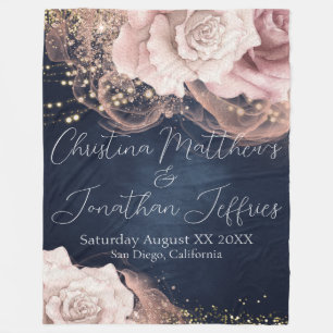 Romantic Watercolor Wedding Roses on Moody Blue Fleece Blanket