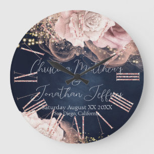 Romantic Watercolor Wedding Roses on Moody Blue Large Clock