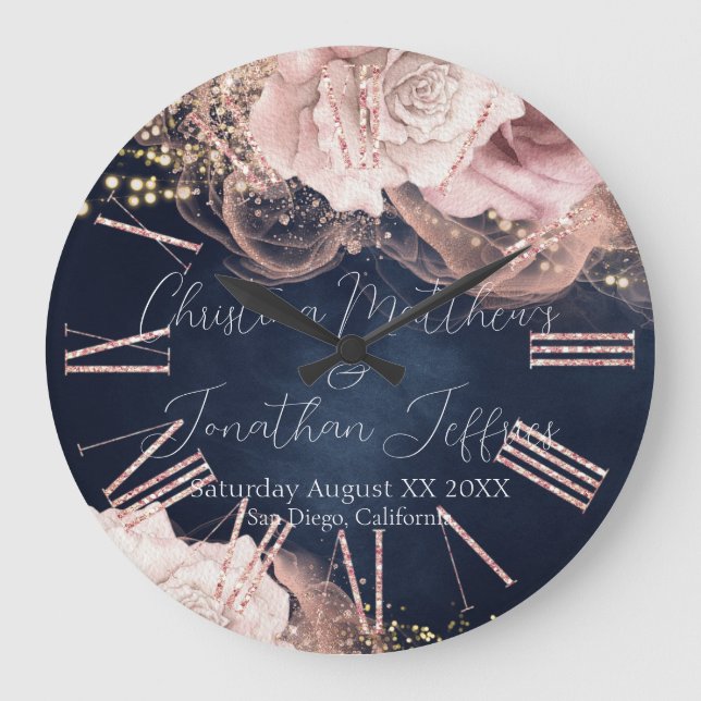 Romantic Watercolor Wedding Roses on Moody Blue Large Clock (Front)