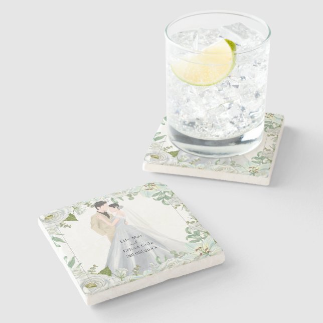 Romantic Watercolor Wedding Stone Coaster (Side)