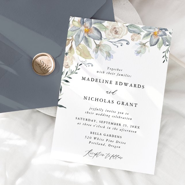 Romantic Watercolor White & Blue Floral Wedding Invitation (Creator Uploaded)
