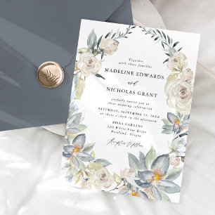 Romantic Watercolor White Floral Wreath Wedding Invitation
