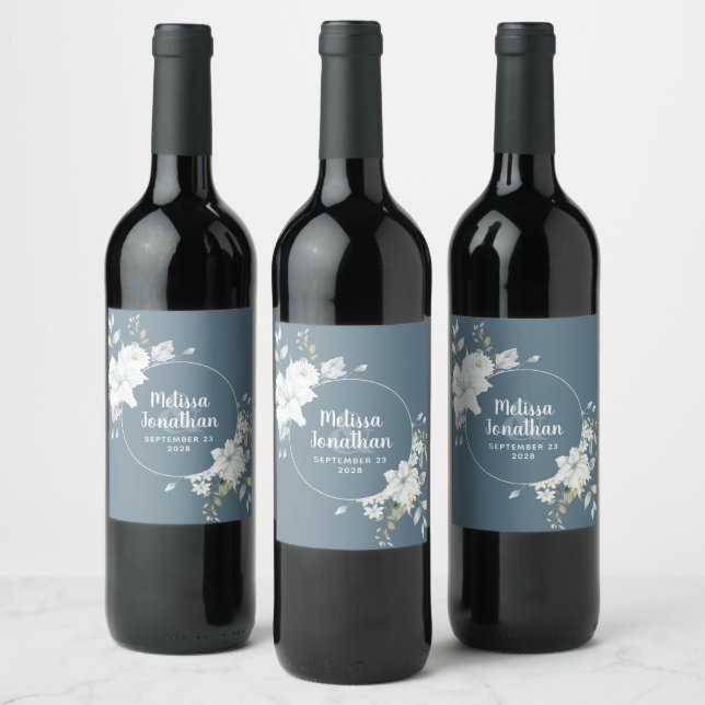 Romantic watercolor white flowers wedding custom wine label (Bottles)