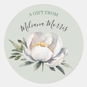 Romantic Watercolor White Peony Honeydew Green Classic Round Sticker