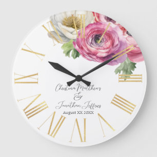 Romantic Watercolor White & Pink Ranunculus Large Clock